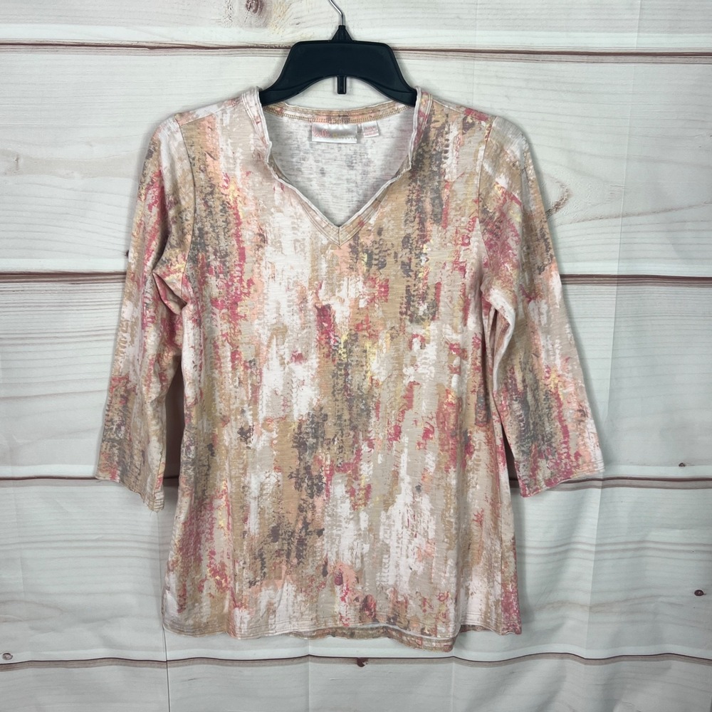 Belle Kim Gravel Top Womens XXS Brown TripleLuxe T-Shirt Watercolor Slub Knit